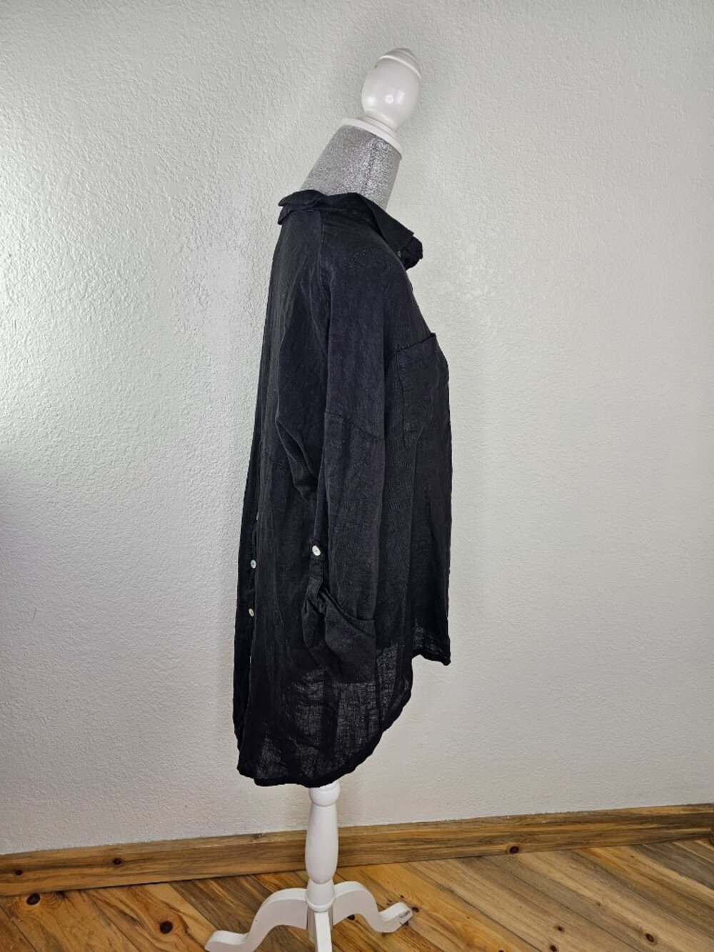 Tempo Paris Black Hi-Low Linen Shirt Size M/L - Picture 6 of 9